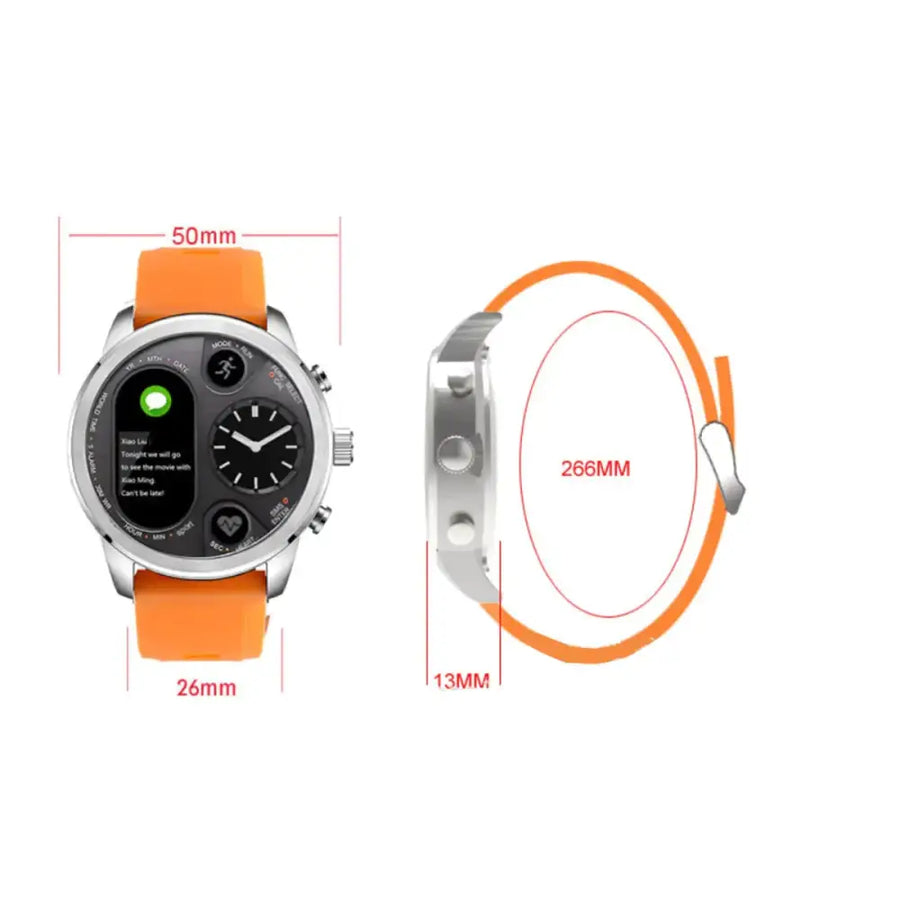 Silver-toned smartwatch with a vibrant orange silicone strap and a circular black digital display.