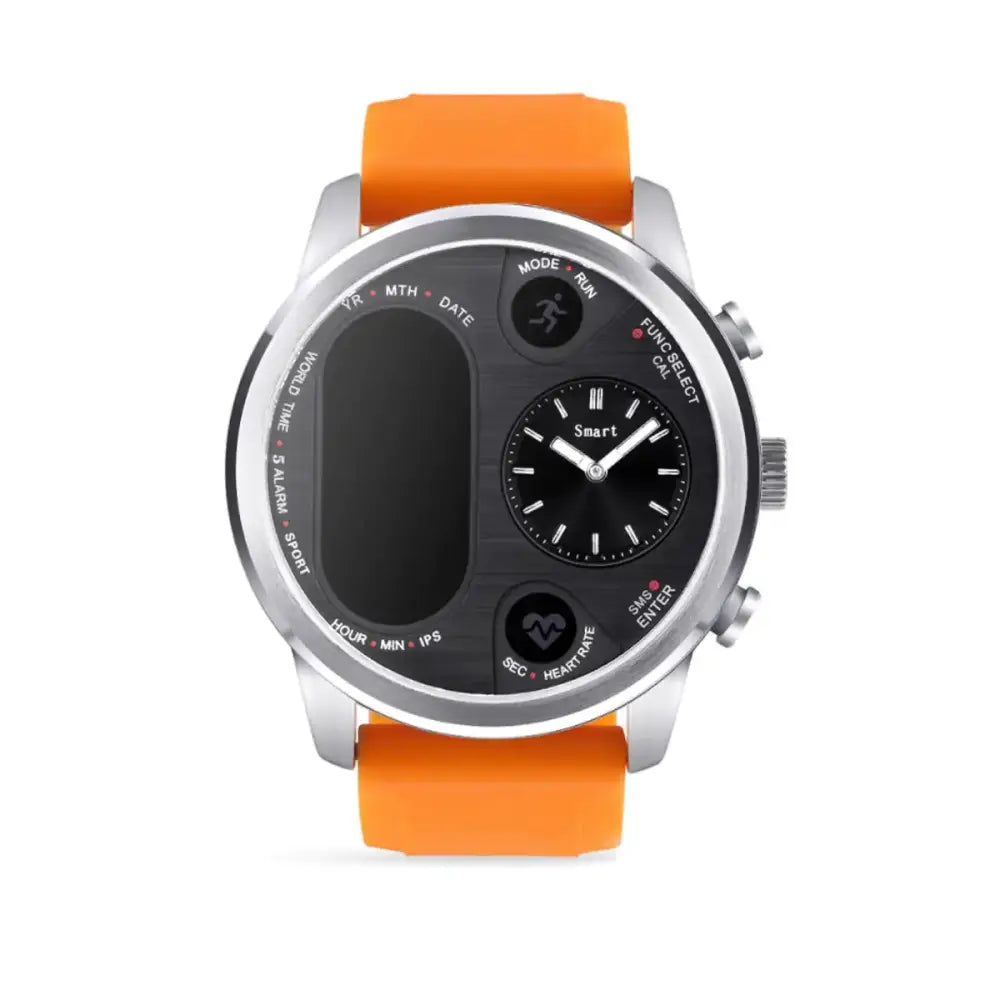 A sleek silver smartwatch with a vibrant orange silicone strap and a dual-display face featuring an analog sub-dial.