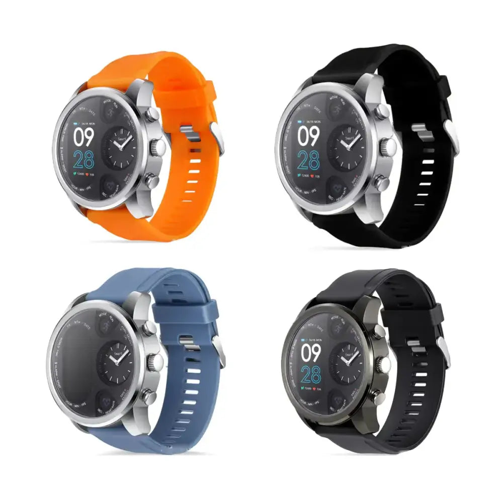 Smartwatch with a silver metallic case and silicone straps in orange, black, blue, or dark gray.