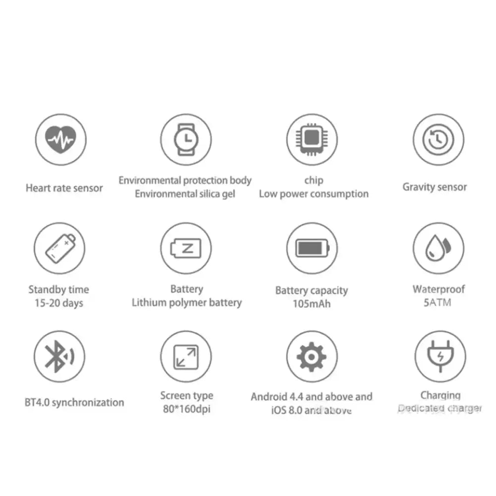 Smartwatch with a sleek, minimalist design featuring an environmental protection body made of silica gel and powered by a lithium polymer battery.