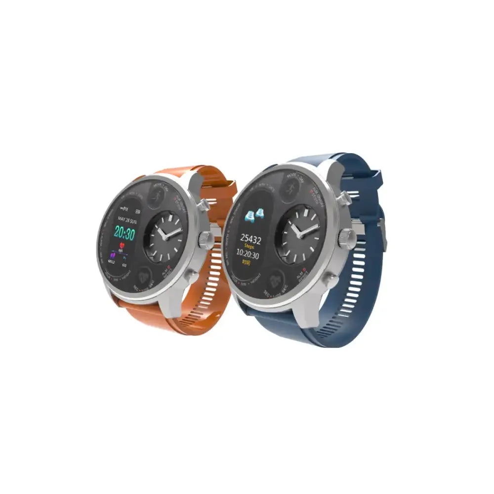 Two smartwatches with silver-toned metal cases and sporty silicone straps, one in orange and the other in blue.