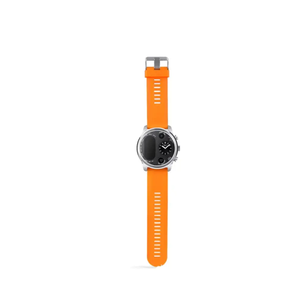 Vibrant orange silicone strap watch with a silver-toned case and black dial featuring analog hands.