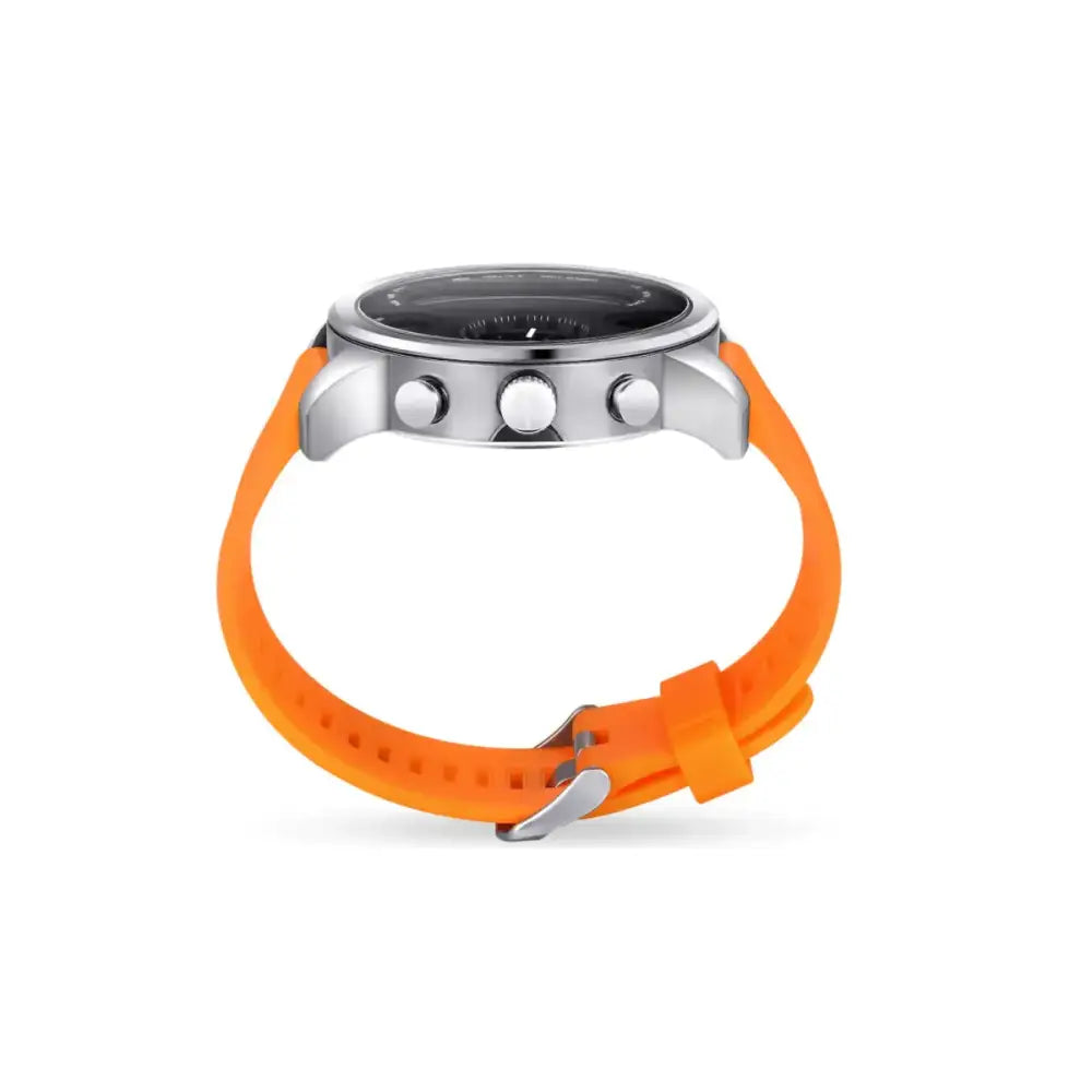 Vibrant orange silicone strap with silver-tone buckle and case, featuring a black dial and three pushers on the side.