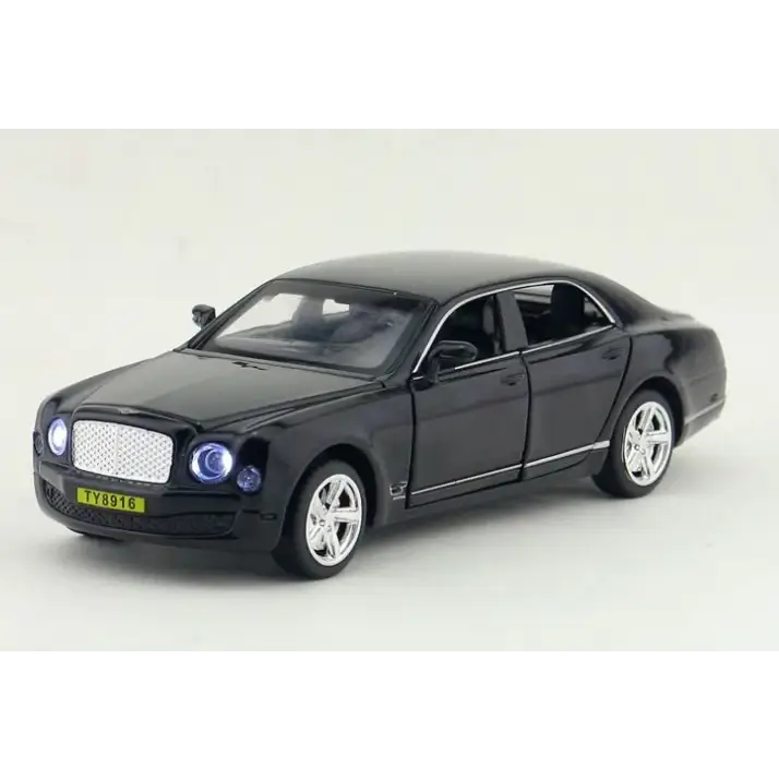 Black bentley mulsanne model car with chrome accents and detailed wheels.