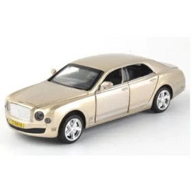 Gold-colored bentley mulsanne model car with chrome detailing and alloy wheels.