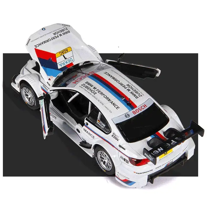 White bmw m performance rally car model with blue and red racing stripes, detailed sponsor decals including bosch and zuberhor.