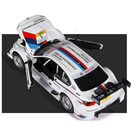 White bmw m performance rally car model with blue and red racing stripes, detailed sponsor decals including bosch and zuberhor.