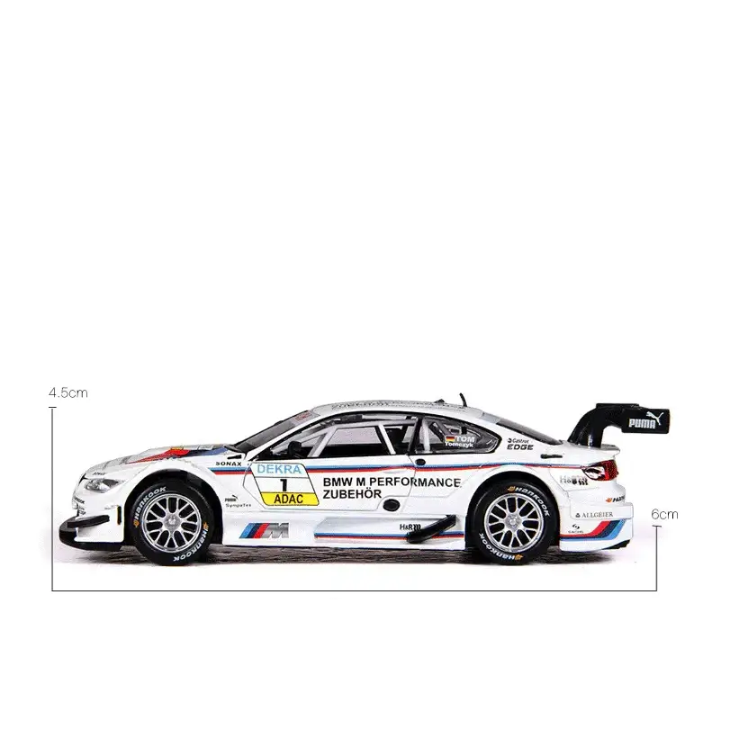 White bmw m4 dtm race car model with blue and red accents, featuring sponsor decals including puma on the rear wing.