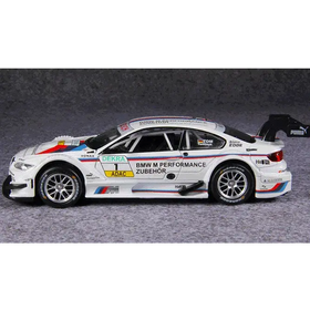 White bmw m4 dtm race car model with blue and red stripes, featuring sponsor decals including puma and adac.