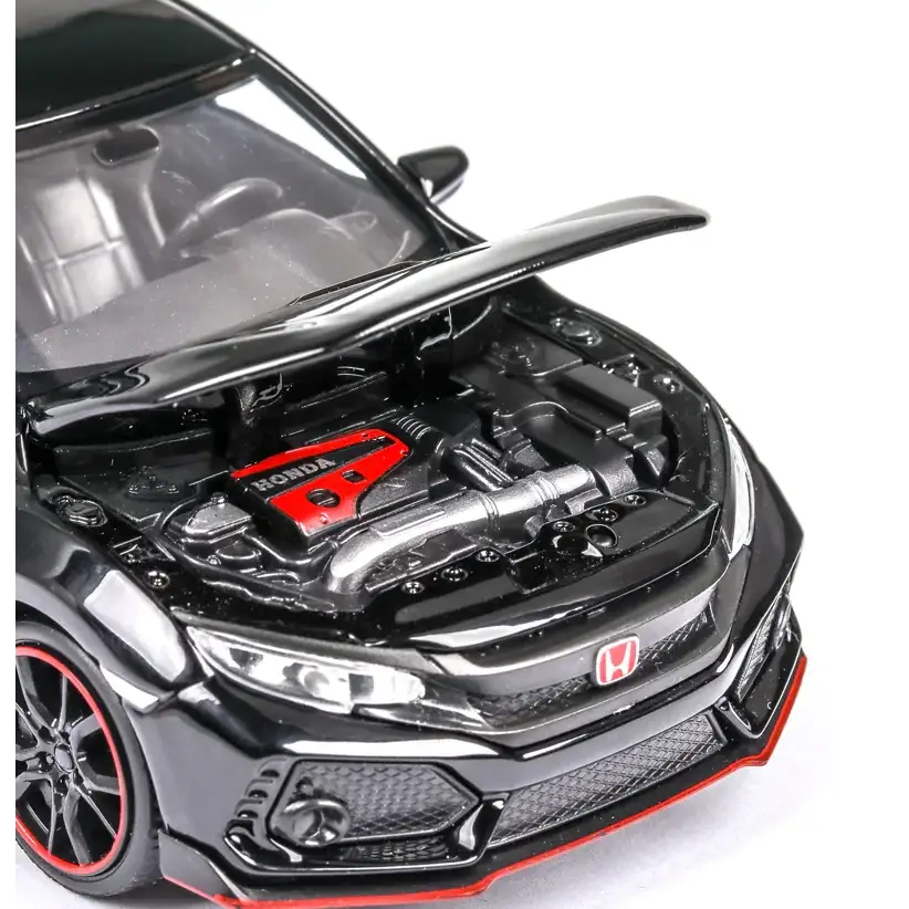 Black and red honda civic type r diecast model car with detailed engine bay.