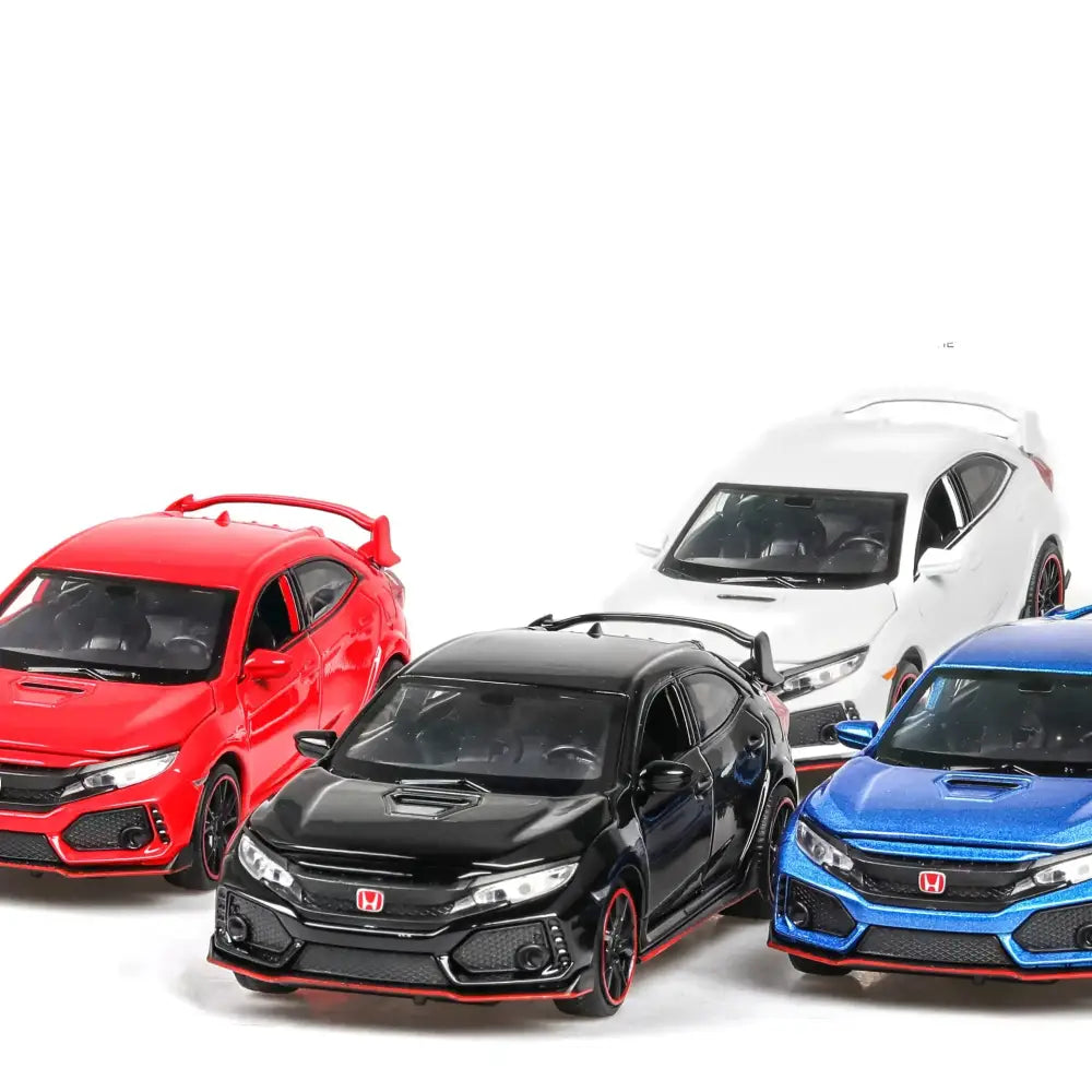 Red, black, white, and blue diecast honda civic type r model cars with detailed grilles, spoilers, and red-accented wheels.