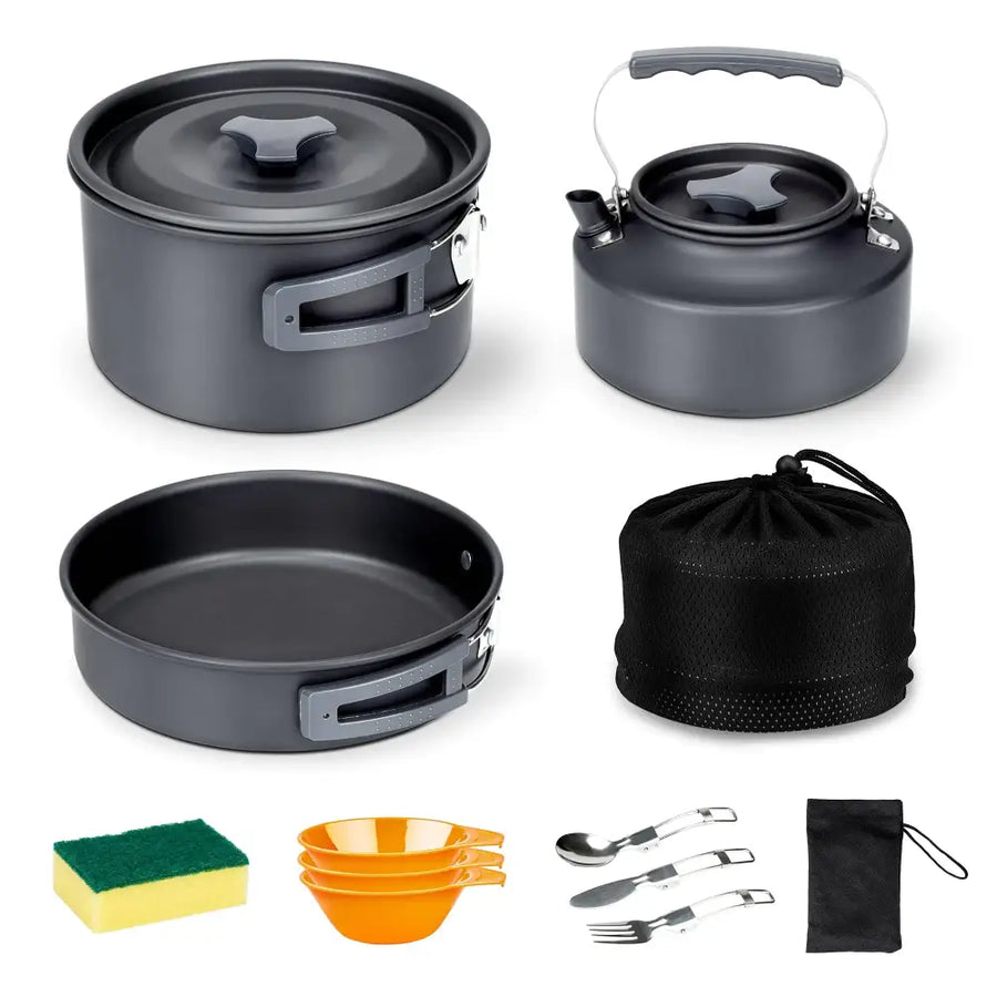 Black aluminum camping cookset with lid, handle, and kettle
