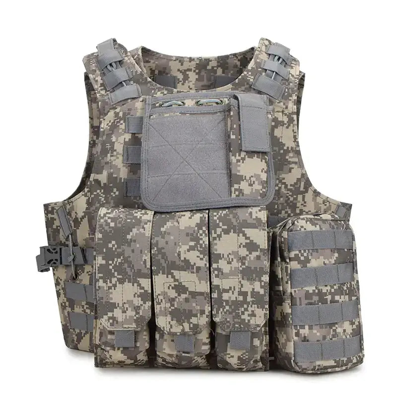 A tactical vest with a digital camouflage pattern in shades of gray and beige, featuring multiple pouches and adjustable straps.