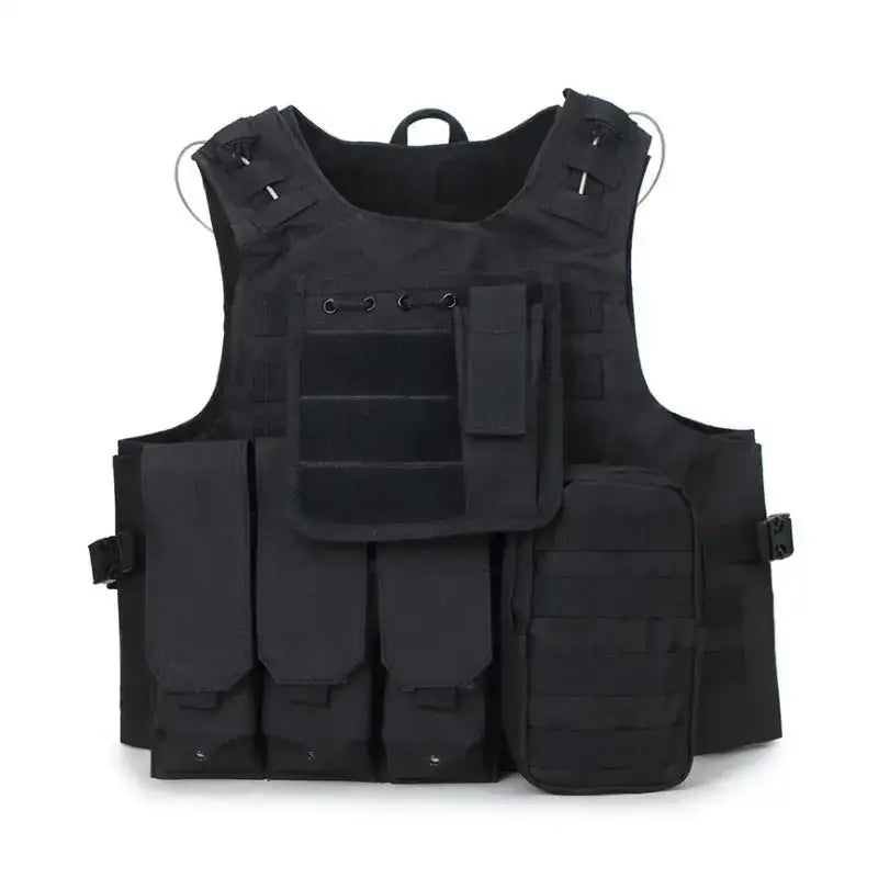Black tactical vest with multiple pouches and adjustable straps.