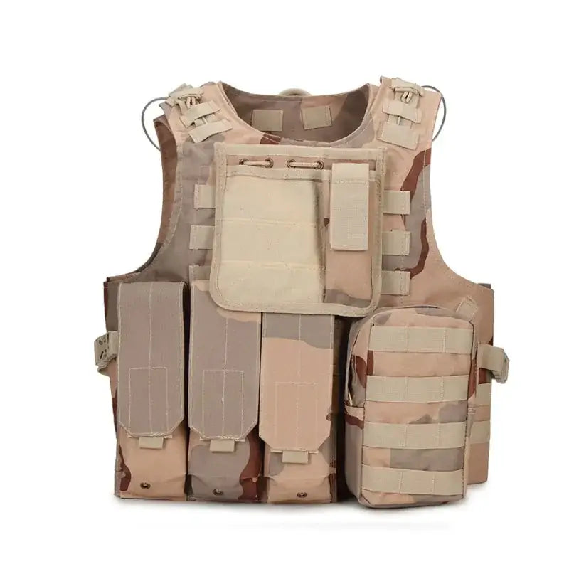 Tan and beige desert camouflage tactical vest with multiple pouches and adjustable straps.