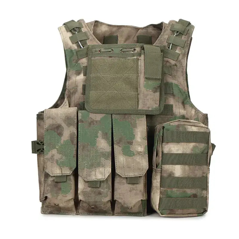 Camouflage tactical vest with multiple pouches and olive green accents.