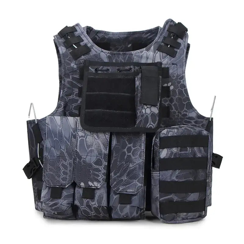 Black and gray tactical vest with a camouflage pattern, featuring multiple pockets and adjustable straps.