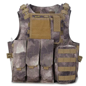 Tactical vest with a gray and tan camouflage pattern, featuring multiple pouches and adjustable straps.