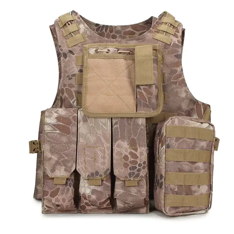 Tan and brown camouflage tactical vest with multiple pouches and adjustable straps.