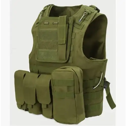 Olive green tactical vest with multiple pouches and adjustable straps.