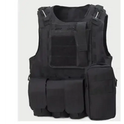 Black tactical vest with multiple pouches and adjustable straps.
