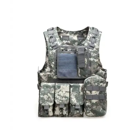 Digital camouflage tactical vest with multiple pouches and adjustable straps.