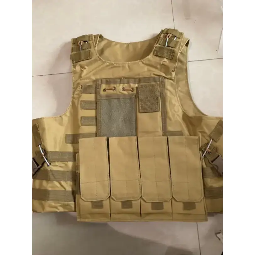 Tan tactical vest with multiple pouches and adjustable straps.