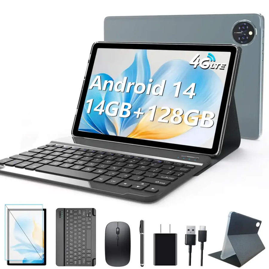 Gray android 14 tablet with a built-in keyboard and wireless mouse, displayed in its protective case.