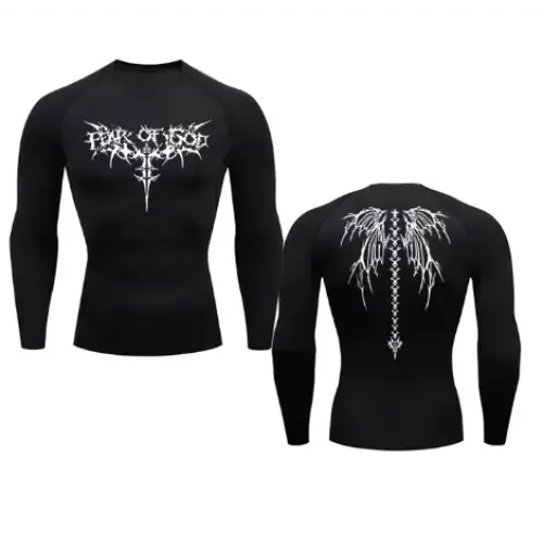 Black long-sleeved compression shirt with white gothic-style graphic designs on the front and back.