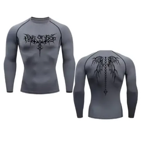 Gray long-sleeved compression shirt with black ’fear of god’ logo and winged spine design on front and back.
