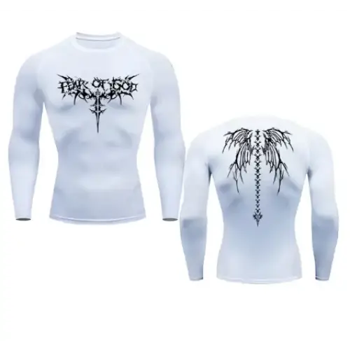 White long-sleeved compression shirt featuring black graphic designs of the band fear of god on the front and back.