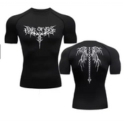Black short-sleeved compression shirt featuring white gothic-style graphics on the front and back.