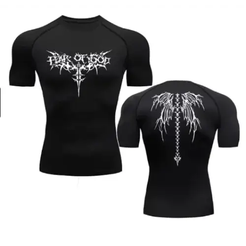 Black short-sleeved compression shirt featuring white gothic-style graphics on the front and back.