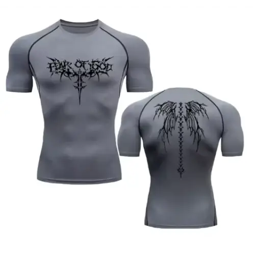 Gray compression shirt with black gothic-style graphic designs on the front and back.