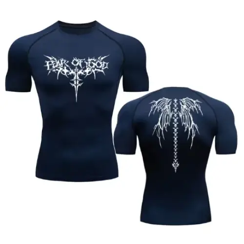 Dark navy blue compression shirt featuring intricate white gothic-style graphics on the front and back.