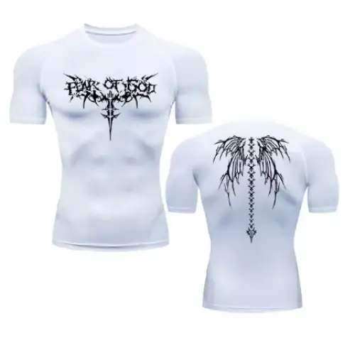 White compression shirt featuring black gothic-style graphics on the front and back.