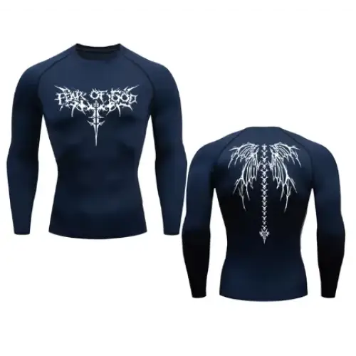 Dark navy long-sleeved compression shirt with white gothic-style graphic designs on the front and back.