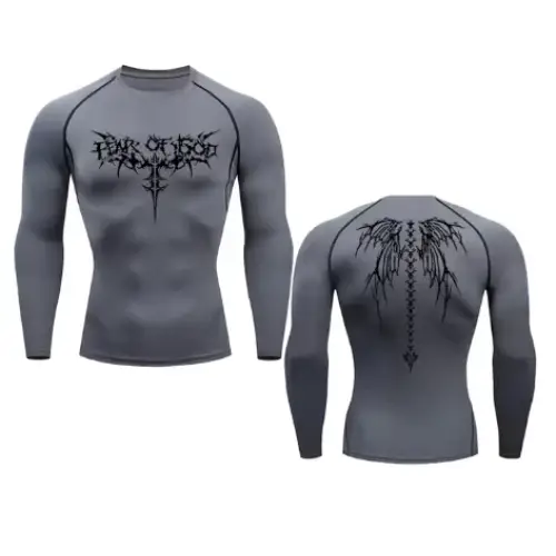 Gray long-sleeved compression shirt with black ’fear of god’ logo and winged spine design on front and back.