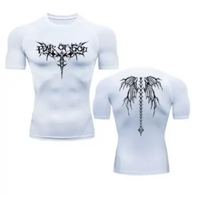 White compression shirt featuring black gothic-style graphics on the front and back.