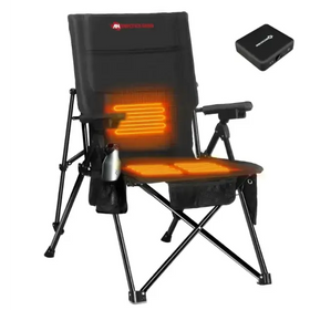 Black foldable camping chair with integrated orange heating elements on the seat and backrest, featuring a mesh storage pocket and armrests.