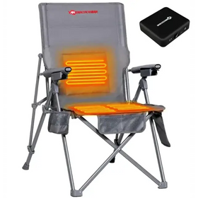 Gray foldable camping chair with integrated heating elements glowing orange on the seat and backrest, featuring mesh side pockets and a sturdy metal frame.