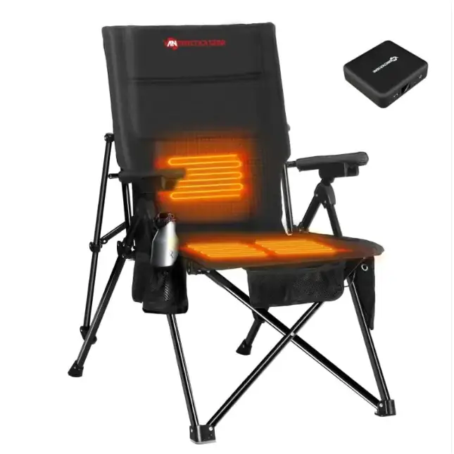 Black foldable camping chair with integrated heating elements glowing orange on the seat and backrest, featuring a side pocket holding a silver water bottle.