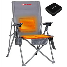 Gray foldable camping chair with integrated orange heating elements on the backrest and seat, featuring mesh side pockets and a sturdy metal frame.