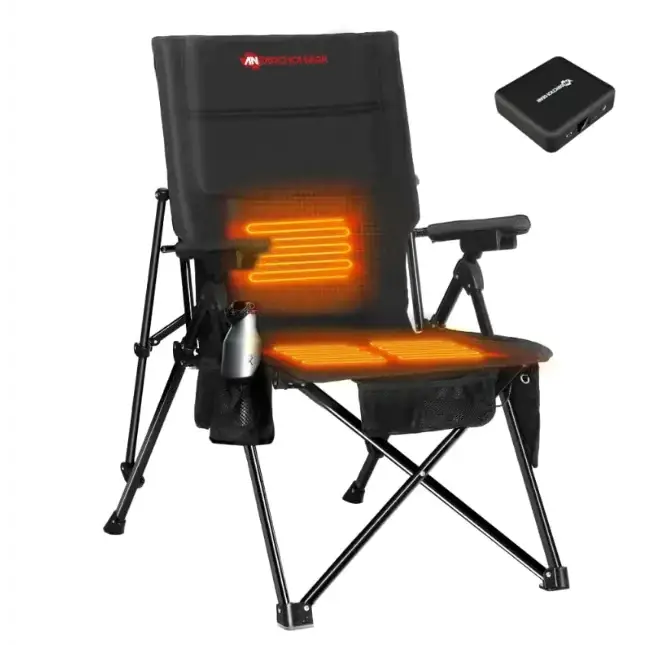 Black foldable camping chair with integrated orange heating elements on the seat and backrest, featuring a built-in cup holder and side pockets.