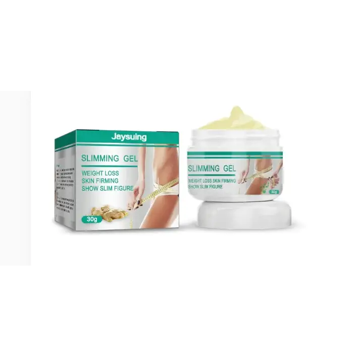 White plastic jar of jaysuing slimming gel with a green label and 30g capacity, containing pale yellow gel.