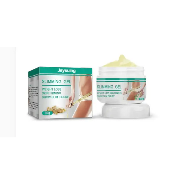 White plastic jar of jaysuing slimming gel with a green label and 30g capacity, containing pale yellow gel.