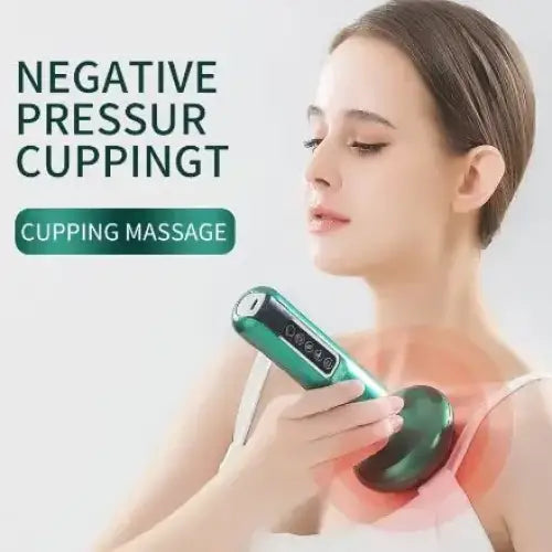 Green handheld device with a rounded, cup-like attachment for negative pressure cupping massage.