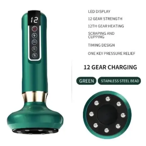 Green handheld massager with led display and stainless steel bead head.