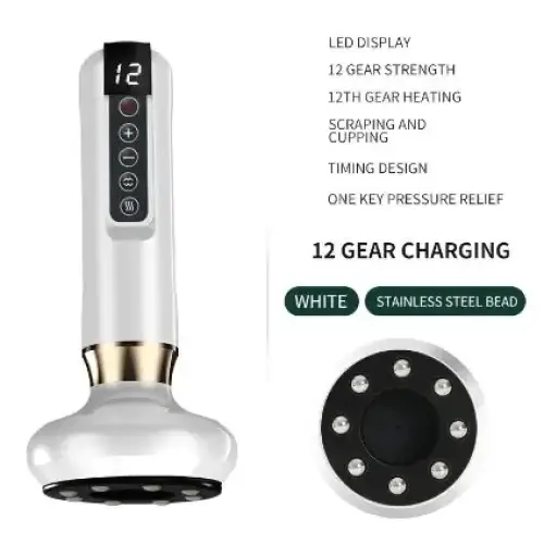 White and gold massage device with a digital display, stainless steel bead base.