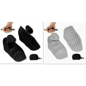 Black and gray silicone golf club grip covers with textured, non-slip surfaces.